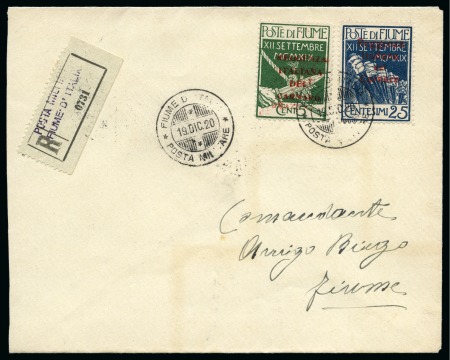 Stamp of Italy » Italy Fiume ITALY- FIUME 1920 'REGGENZA ITALIANA DEL CARNARO' large letterset PROOF overprint on 5C together with 25C ordinary overprint on registered 'Biego' cover