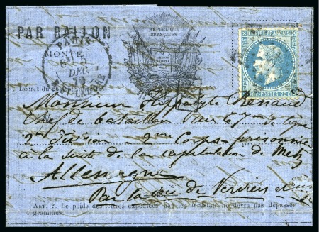 Stamp of France » Guerre de 1870-1871 Rare formule aux drapeaux sur papier azuré pour un