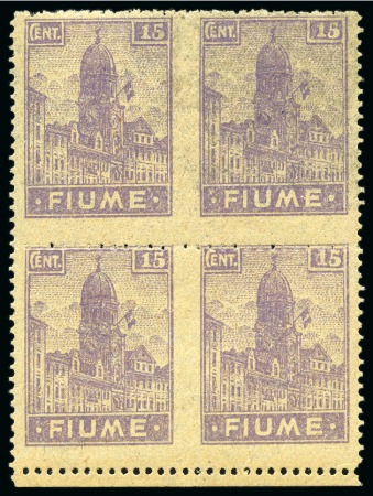 Stamp of Italy » Italy Fiume ITALY - FIUME 1919 Definitives 15C violet lilac on yellowish-brownish paper (carta A) in bottom margin blk of 4 horizontally IMPERFORATE inbetween, mint hinged