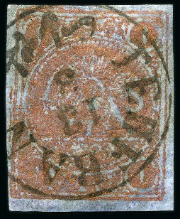 Stamp of Persia » 1868-1879 Nasr ed-Din Shah Lion Issues » 1878-79 Re-engraved (SG 37-39) (Persiphila 26-28)  1878-79 One Toman bronze red on blue pelure paper, types C, used with clear central TEHERAN/13.3 cds, good margins, very fine & a rare example of this popular stamp, cert. Persiphila (Persiphila $8'000)