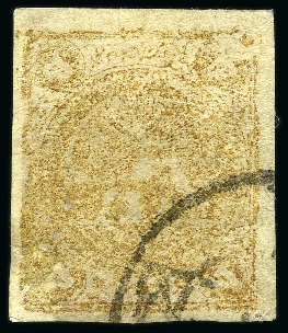 Stamp of Persia » 1868-1879 Nasr ed-Din Shah Lion Issues » 1878-79 Five Kran Stamps (SG 40-43) (Persiphila 30-37) 1878-79 Five krans gold, type A with part Zendjan cds, used, good to large margins, very fine, signed Sadri (Persiphila $750)