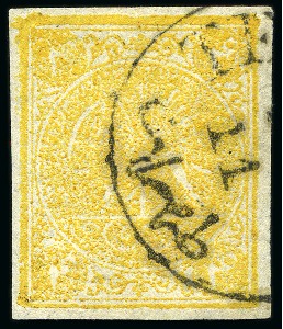 Stamp of Persia » 1868-1879 Nasr ed-Din Shah Lion Issues » 1876 Narrow Spacing (SG 15-19) (Persiphila 13-17) 1878-79 Four krans yellow, type D, used with part Teheran cds, good to large margins, very fine, signed Sadri (Persiphila $350)