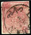 Stamp of Persia » 1868-1879 Nasr ed-Din Shah Lion Issues » 1876 Narrow Spacing (SG 15-19) (Persiphila 13-17) 1876 One kran carmine, attractive used assembly of fourteen singles, showing all types present, an array of cancels, mixed to very fine, all signed Sadri (Persiphila $1'920)