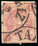 Stamp of Persia » 1868-1879 Nasr ed-Din Shah Lion Issues » 1876 Narrow Spacing (SG 15-19) (Persiphila 13-17) 1876 One kran carmine, attractive used assembly of fourteen singles, showing all types present, an array of cancels, mixed to very fine, all signed Sadri (Persiphila $1'920)