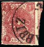 Stamp of Persia » 1868-1879 Nasr ed-Din Shah Lion Issues » 1876 Narrow Spacing (SG 15-19) (Persiphila 13-17) 1876 One kran carmine, attractive used assembly of fourteen singles, showing all types present, an array of cancels, mixed to very fine, all signed Sadri (Persiphila $1'920)