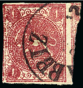 Stamp of Persia » 1868-1879 Nasr ed-Din Shah Lion Issues » 1876 Narrow Spacing (SG 15-19) (Persiphila 13-17) 1876 One kran carmine, attractive used assembly of fourteen singles, showing all types present, an array of cancels, mixed to very fine, all signed Sadri (Persiphila $1'920)