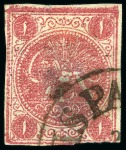 Stamp of Persia » 1868-1879 Nasr ed-Din Shah Lion Issues » 1876 Narrow Spacing (SG 15-19) (Persiphila 13-17) 1876 One kran carmine, attractive used assembly of fourteen singles, showing all types present, an array of cancels, mixed to very fine, all signed Sadri (Persiphila $1'920)