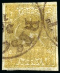 Stamp of Persia » 1868-1879 Nasr ed-Din Shah Lion Issues » 1876 Narrow Spacing (SG 15-19) (Persiphila 13-17) 1876 Four krans yellow, attractive used assembly of eighteen singles, showing all types present, an array of cancels, papers and shades, mixed to very fine, all signed Sadri (Persiphila $6'300)
