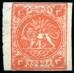 Stamp of Persia » 1868-1879 Nasr ed-Din Shah Lion Issues » 1875 Wide Spacing (SG 5-13) (Persiphila 5-9) 1875 Four shahis orange red, attractive unused and used assembly of six singles, showing all types present, mixed to very fine, all signed Sadri (Persiphila $1'350)