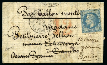 Stamp of France » Guerre de 1870-1871 Ballon monté de Paris 15.11.1870 pour Cambo, retardez