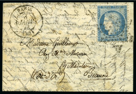 Stamp of France » Guerre de 1870-1871 Rare cachet de départ type 15 Paris (60) 08.01.1871