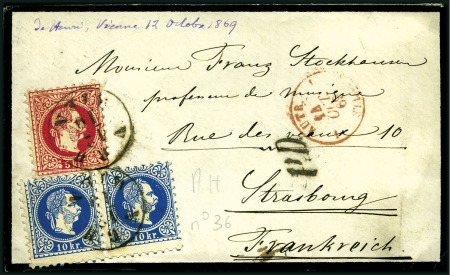 Stamp of Austria 1867 5kr Red + two 10kr Blue tied by "N.B.H.WIEN 1