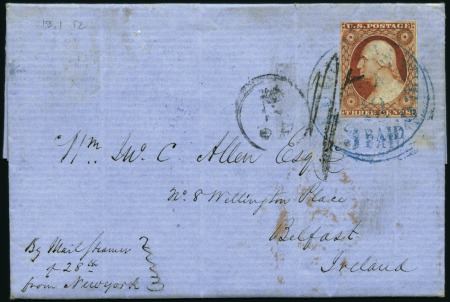 Stamp of United States 1851 3c Brownish Carmine, four margins, tied by AU