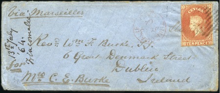 Stamp of Ceylon 1864 (Jul) Cover to Ireland with 1857-59 10d Vermi