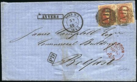 Stamp of Belgium » Belgique. 1861 Médaillons allongés - Émission 40c Vermillon, deux exemplaires oblitérés avec cac