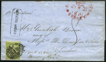 Stamp of Australia » New South Wales 3d Yellow-green tied by oval of bars on folded cov