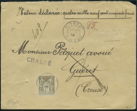 Stamp of France 1898-1900 2F Bistre sur azuré seul sur env. chargé