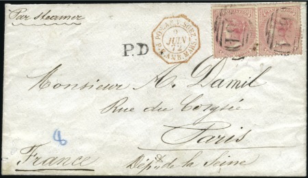 Stamp of Seychelles 1872 (May 7) Envelope to France with Mauritius 186