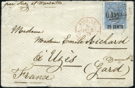 Stamp of Seychelles 1879 (Feb 8) Envelope to France with Mauritius 187