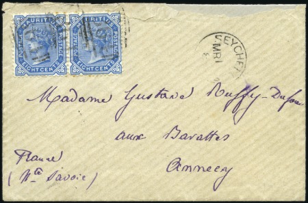 Stamp of Seychelles 1883 (Mar 1) Envelope to France with Mauritius 8c