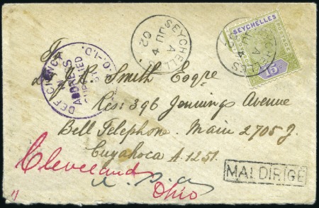 Stamp of Seychelles 1902 (Jun 4) Envelope to the USA with 1893 15c tie