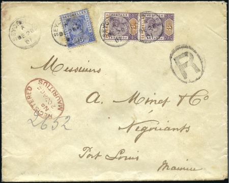 Stamp of Seychelles 1901 (Dec 28) Envelope sent registered to Mauritiu