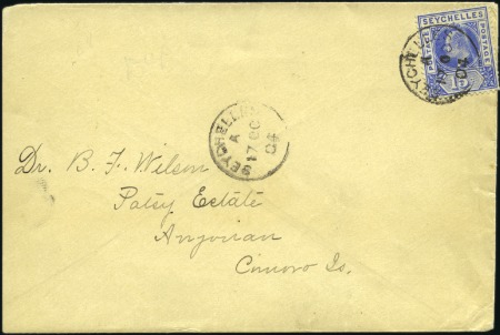 Stamp of Seychelles 1904 (Oct 17) Envelope to ANJOUAN, COMORO ISLANDS,