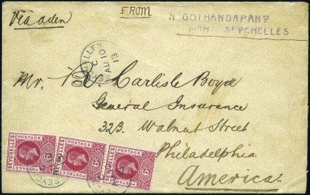 Stamp of Seychelles 1913 (Aug 10) Envelope to the USA with 1912 6c pai