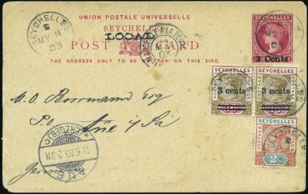 Stamp of Seychelles 3c on 4c postcard with "LOCAL" overprint, sent to