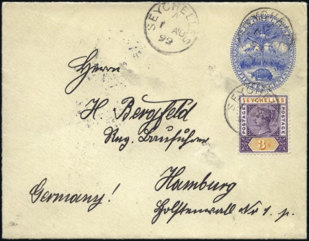 Stamp of Seychelles 15c Envelope (small format) to Germany, uprated wi