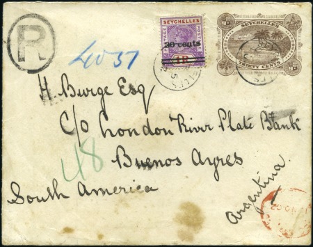 Stamp of Seychelles 30c Brown envelope sent registered to ARGENTINA, u