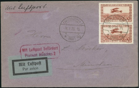 Stamp of Germany » Plebiscite Areas » Saar 1929 (16.07) FIRST FLIGHT Saarbrücken-München fran