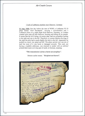 Stamp of Germany » German Empire 1939 (Aug 31) Deutsche Lufthansa crash by "Karl Hu