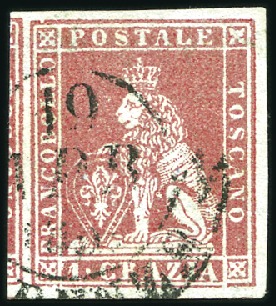 Stamp of Italian States » Tuscany 1851 1cr Carmine on greyish, neat Firenze cancel,