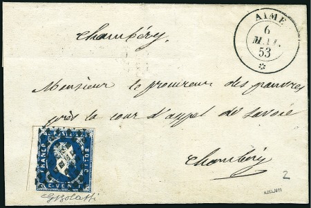 Stamp of Italian States » Sardinia 1851 20c Blue showing sheet margin at left, cancel