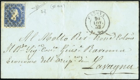 Stamp of Italian States » Sardinia 1851 20c Light Blue, setting IV, showing sheet mar