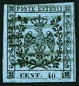 Stamp of Italian States » Modena 1854 40c (no period after value) "Celeste" colour