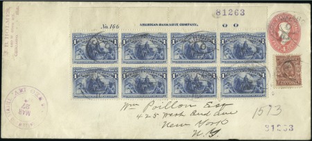 Stamp of Types 1893 1c Columbian, TOP PLATE BLOCK OF 8 with ms an