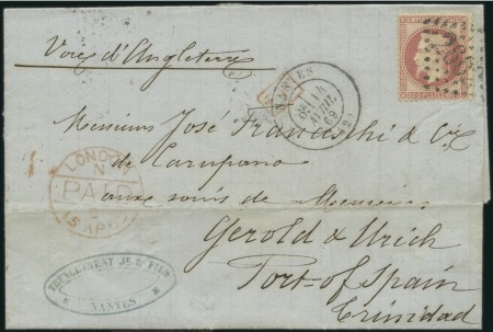 Stamp of Trinidad and Tobago INCOMING MAIL: 1869 Folded cover from France to Po