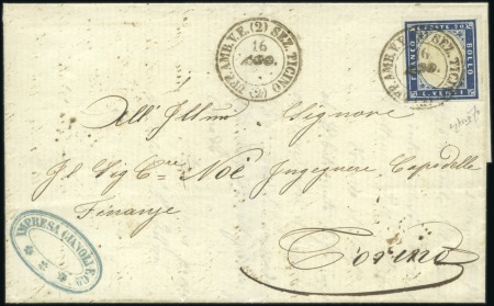 Stamp of Italian States » Sardinia 1859, 20 c. azzurro scuro, su lettera del 16 agosto per Torino, annullato con nitida impronta del d.c. "UFF. AMB. V.E. (2) SEZ. TICINO (2)",
