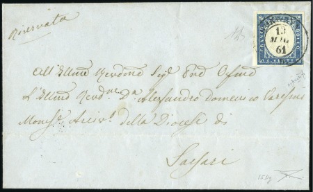 Stamp of Italian States » Sardinia RARE SHADE WITH DOUBLE EMBOSSING ON COVER

1861 
