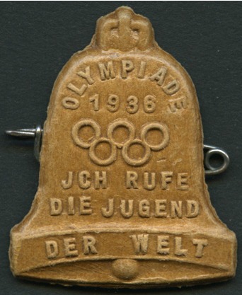 Stamp of Olympics Olympic Bell pin badge, 27x34mm, brown cardboard