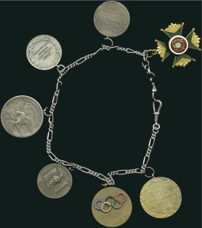 Stamp of Olympics Watch Chain with 7 Shooting Prize Medals from 1930
