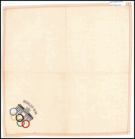 Stamp of Olympics » 1936 Berlin » Other Memorabilia 1936 Berlin. Handkerchief, 240x240mm, pink cloth with embroidery showing "BERLIN 1936" and Brandenburg Gate