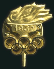 Stamp of Olympics 1932 Los Angeles. Participant's lapel pin, present