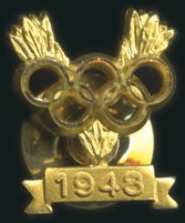 Stamp of Olympics 1948 London. Gold Medal Winner's lapel pin, presen
