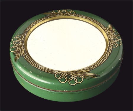 Stamp of Olympics Tin box and mirror, 180mm diameter, 43mm high, gre