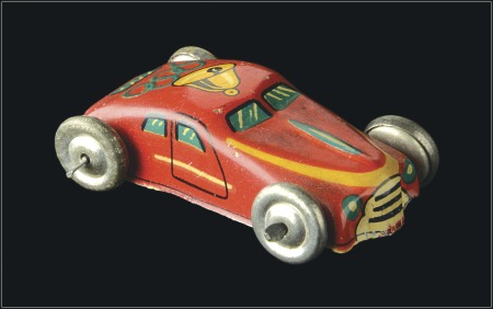 Stamp of Olympics Toy car, 43x28mm, tin, red with green Olympic ring