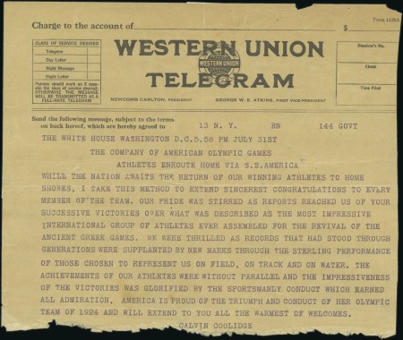 Stamp of Olympics » 1924 Paris » Memorabilia 1924 Paris. Telegram from President Calvin Coolidge of the United States congratulating the achievements of the American athletes in the 1924 Games