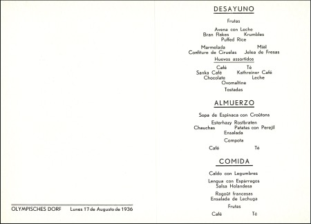 Stamp of Germany » German Empire » German Empire, 1933/45 Third Reich Olympic Village Menus, 13th, 14th & 17th Aug., Spa